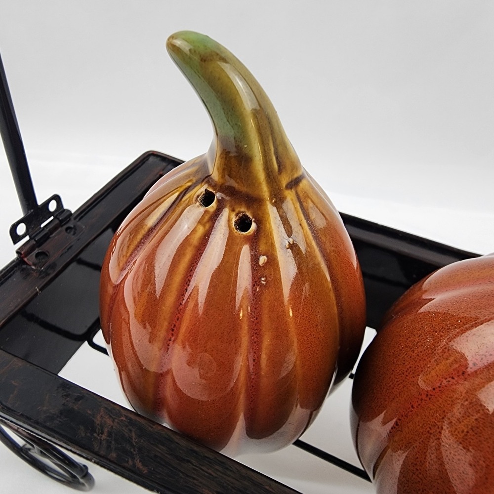 Pumpkin Shaped Salt and Pepper Shaker Set in a Wagon Holder Fall Thanksgiving - Picture 3 of 11